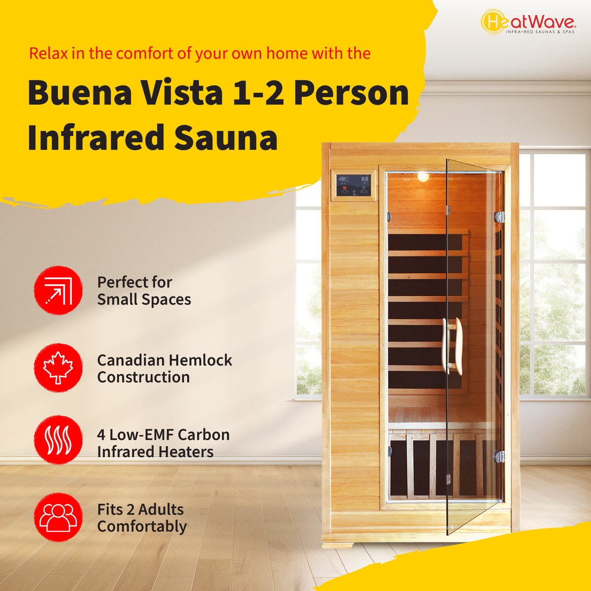 Buena Vista 1-2 Person Hemlock Infrared Sauna with 4 Carbon Heaters