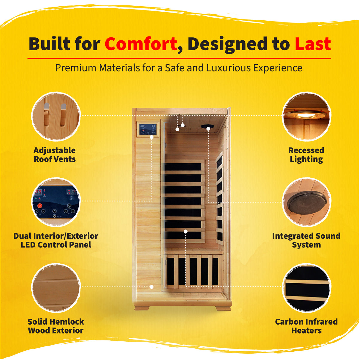 Buena Vista 1-2 Person Hemlock Infrared Sauna with 4 Carbon Heaters