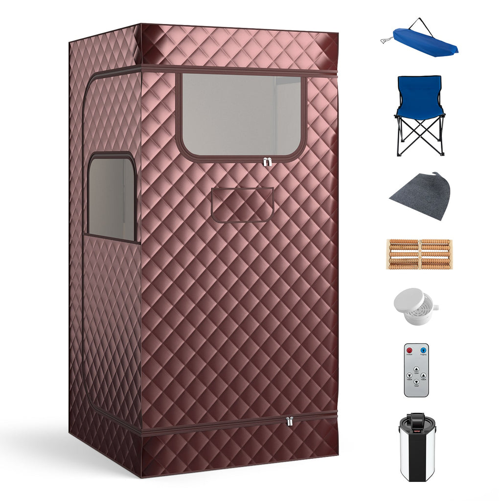 Portable Steam Sauna with 3L Steam Generator Remote Control Wood Foot Massager and Foldable Chair for Home-Coffee