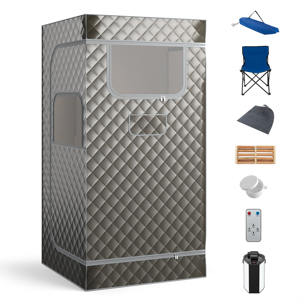 Portable Steam Sauna with 3L Steam Generator Remote Control Wood Foot Massager and Foldable Chair for Home-Gray
