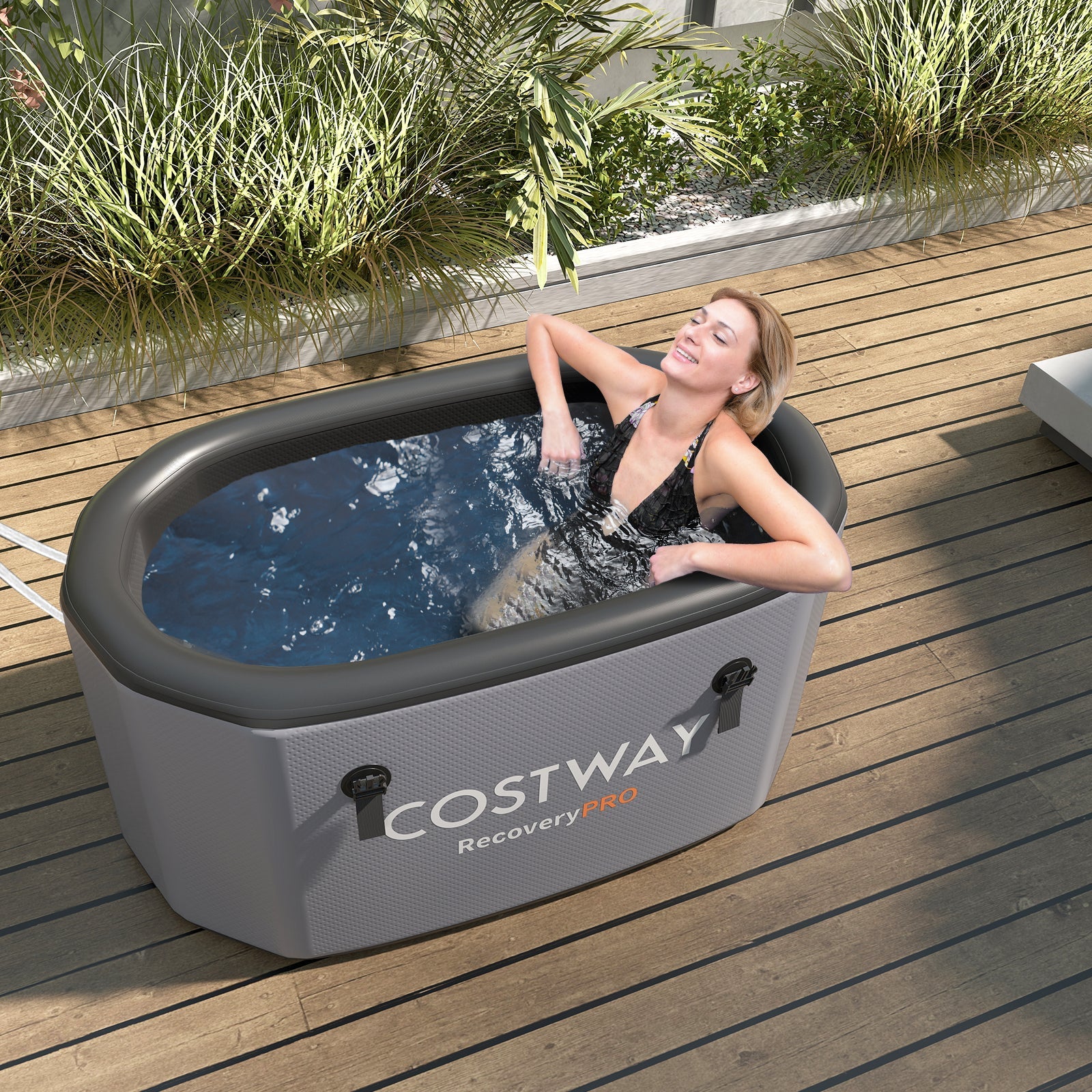 XL 129 Gal Oval Ice Bath Tub with Cover and Hand Pump for Athletes-Gray